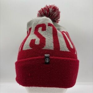 Volcom Stoned Pom Beanie Red/Grey Stretch Fit Knit Winter Cuffed Streetwear OSFM